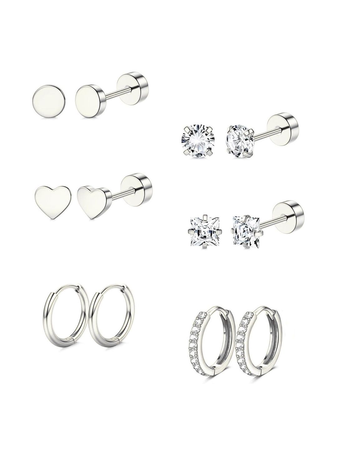 VAMA VAMA Set Of 6 18K Silver-Plated Crystals Studded Anti Tarnish Heart Shaped Studs