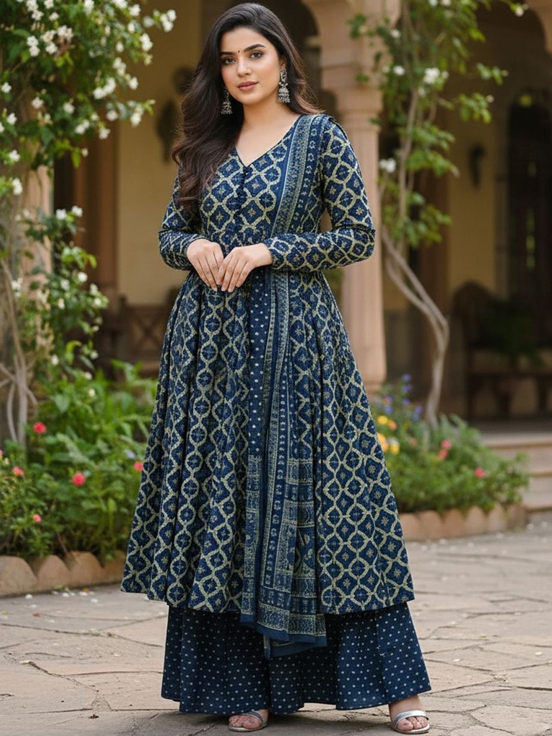 ARADHNA ARADHNA Women Ethnic Motifs Printed Panelled Kurta with Palazzos & With Dupatta