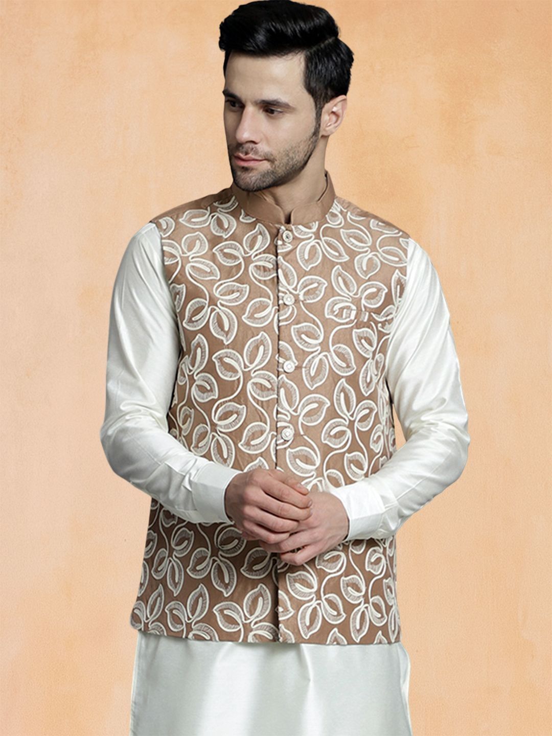 Jompers Floral Embroidered Mandarin Collar Nehru Jacket