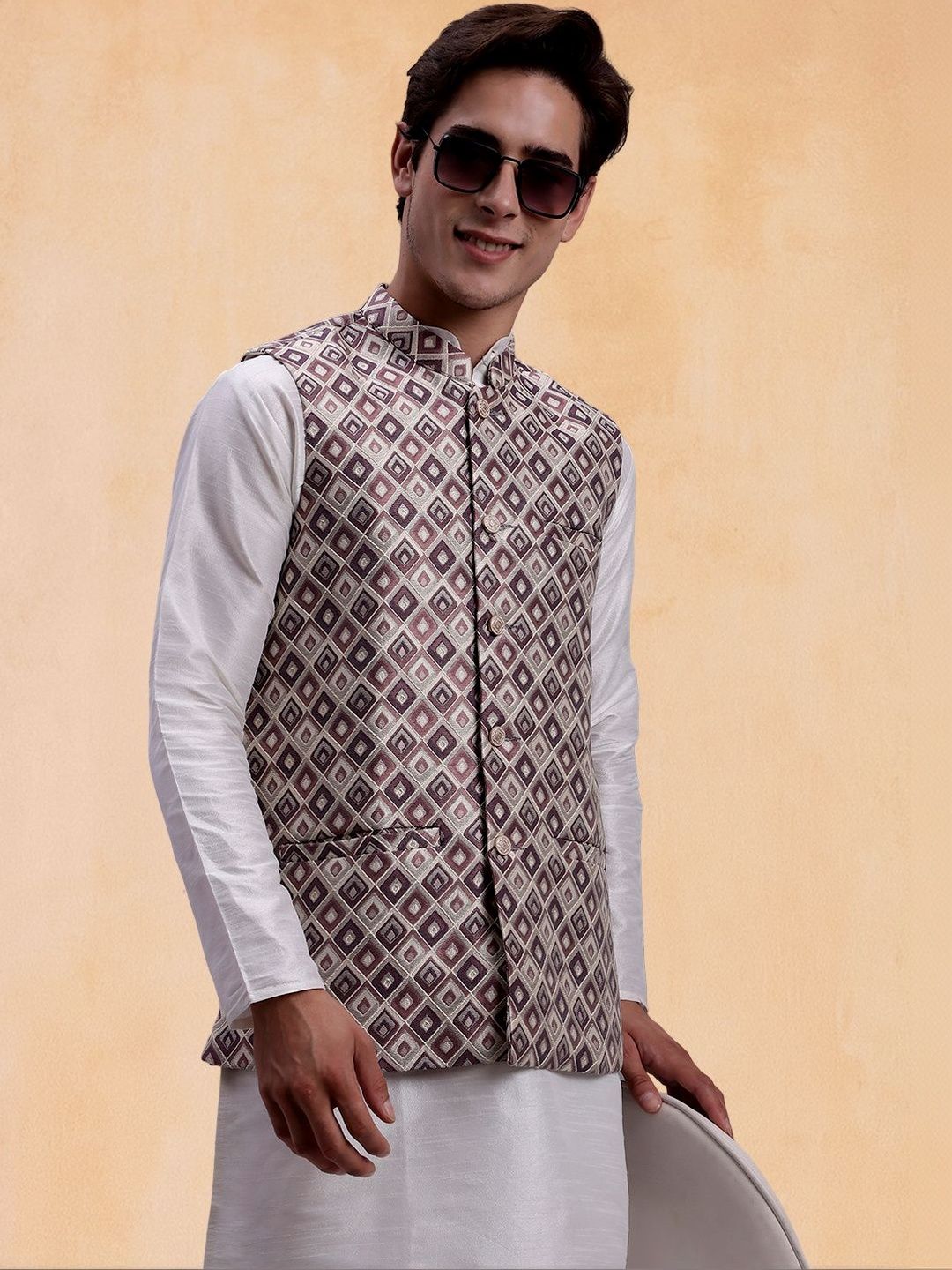 Jompers Men Woven Design Mandarin Collar Nehru Jacket