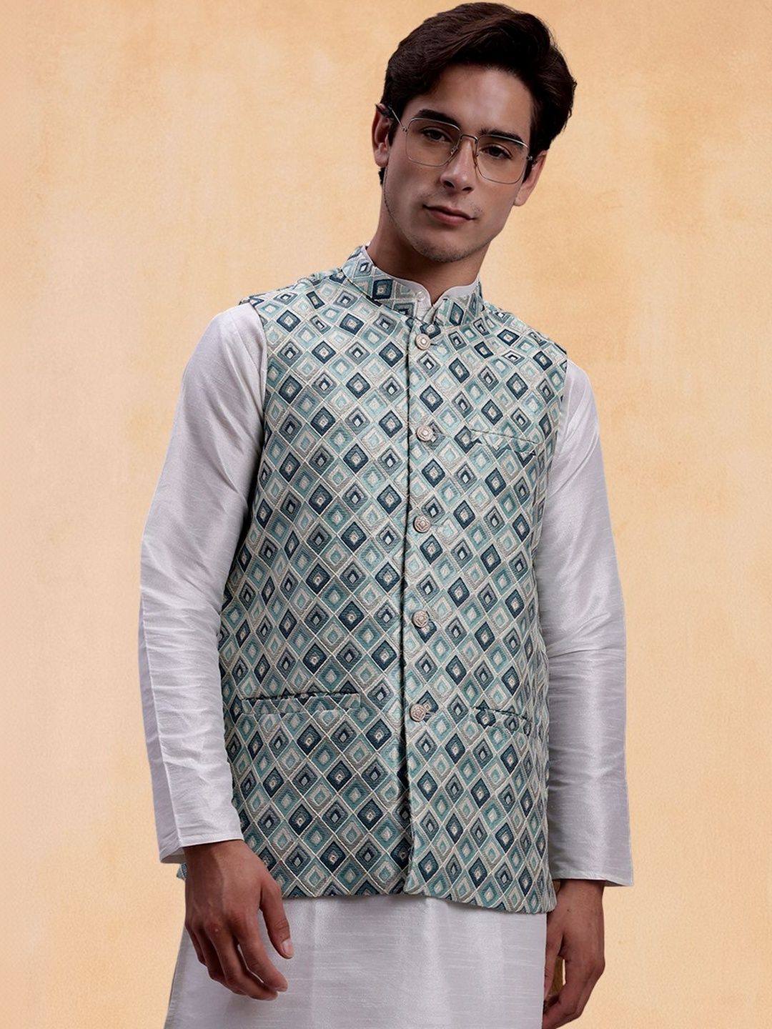 Jompers Woven Design Mandarin Collar Nehru Jacket