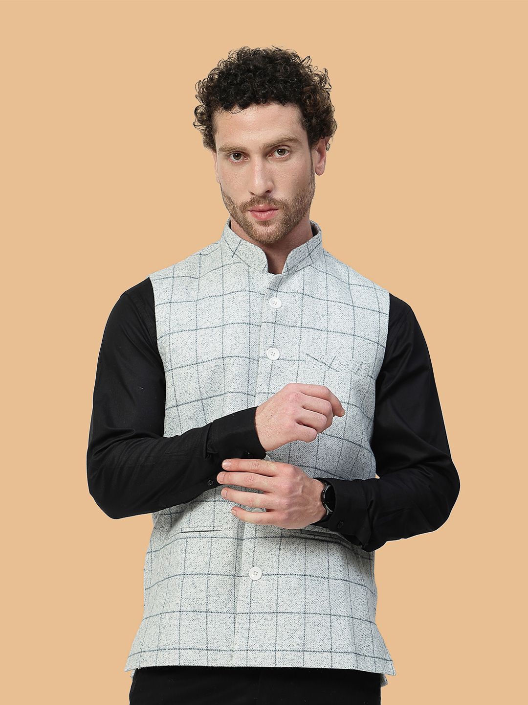 Vastraa Fusion Men Checked Mandarin Collar Sleeveless Pure Wool Nehru Jacket