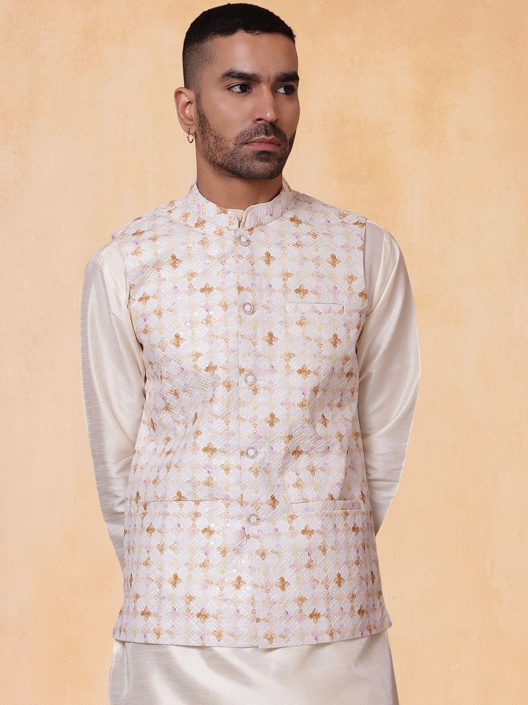 Jompers Men Floral Printed and Embroidered Mandarin Collar Nehru Jacket
