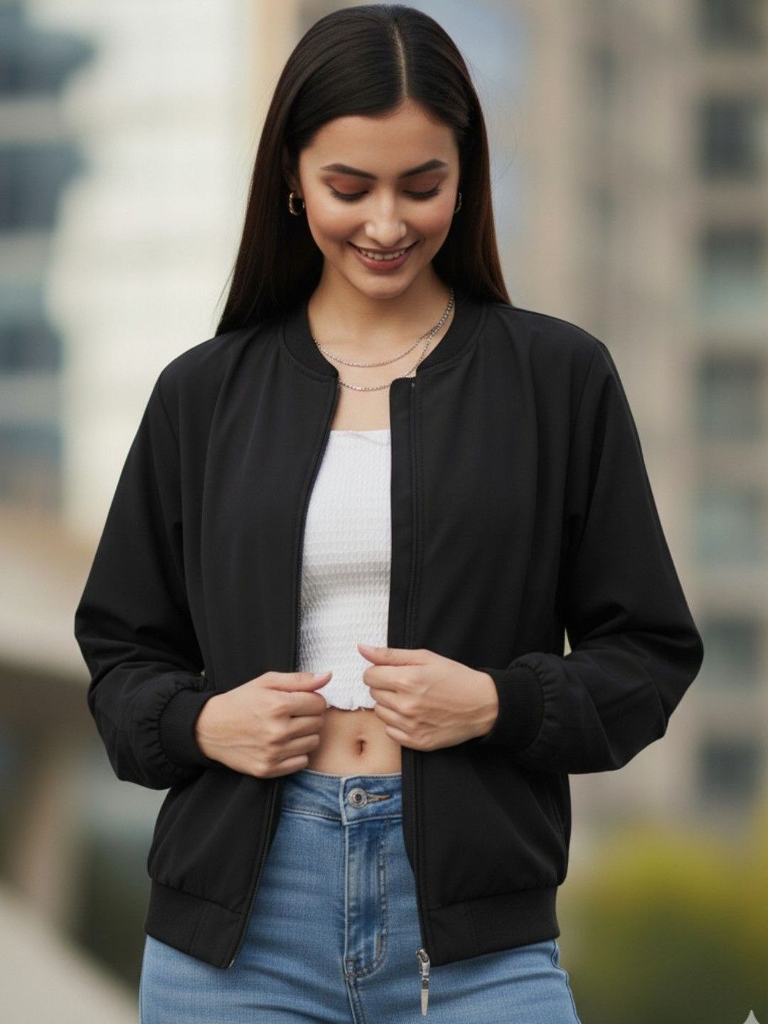 Leotude Women Stand Collar Solid Bomber Jacket