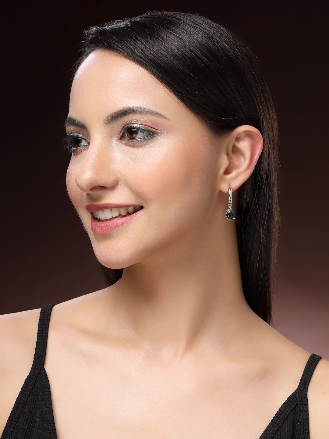 ZENEME Rhodium Plated American Diamond Studded Hoop Earrings