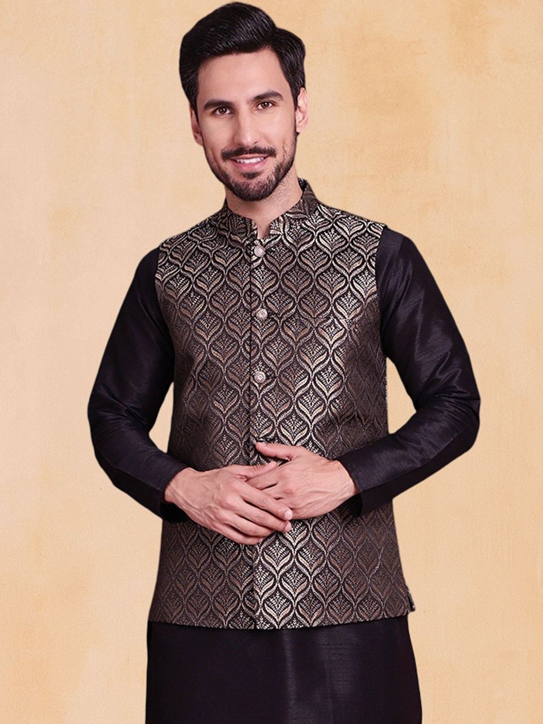 Jompers Woven Design Mandarin Collar Nehru Jacket