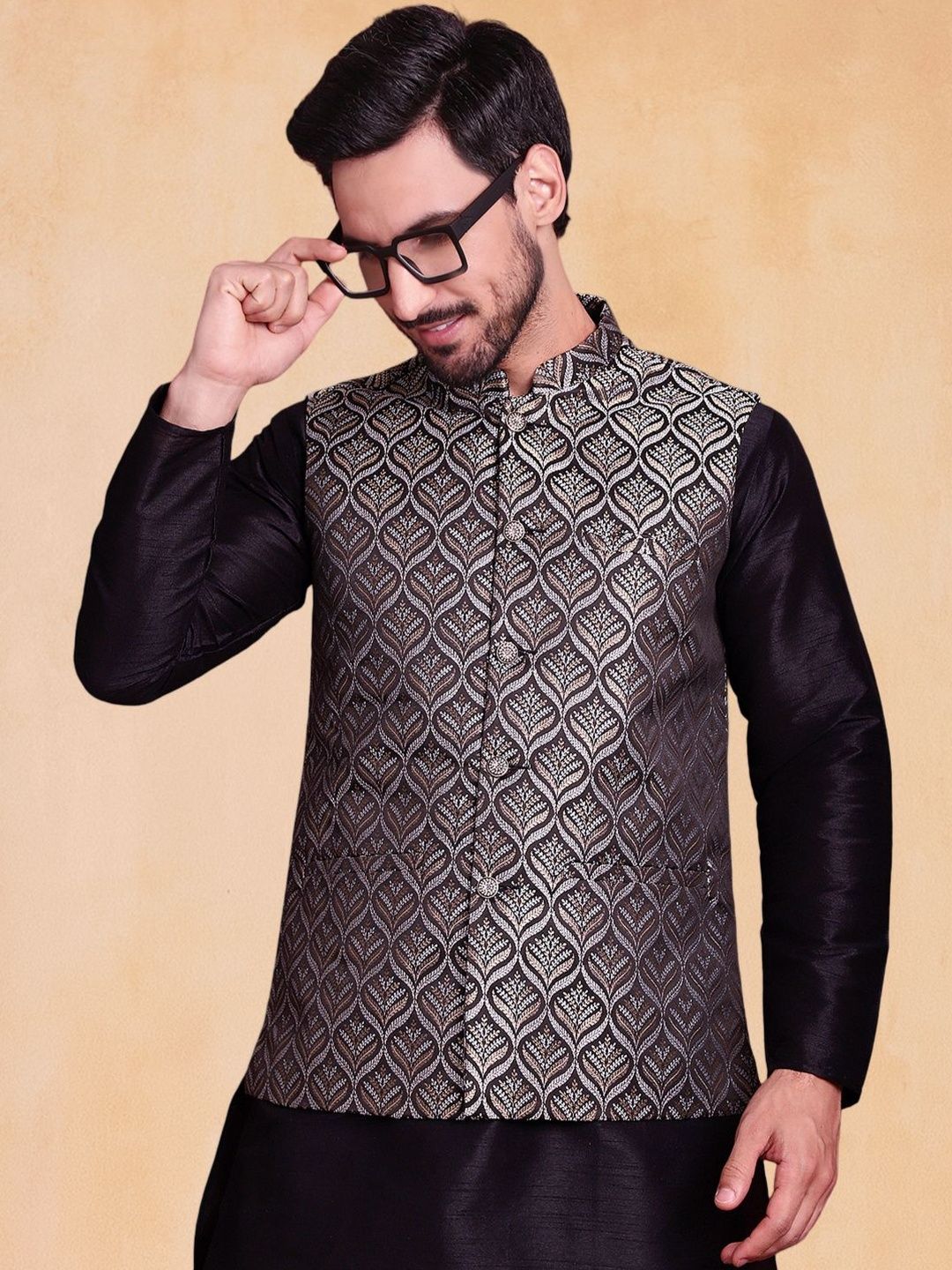 Jompers Woven Design Mandarin Collar Nehru Jacket