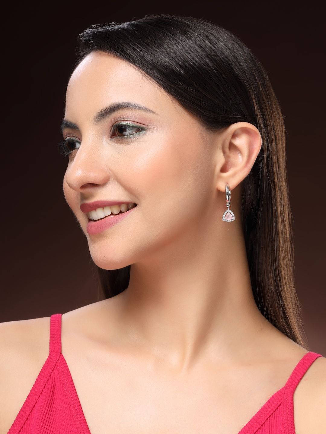 ZENEME Rhodium Plated American Diamond Studded Hoop Earrings
