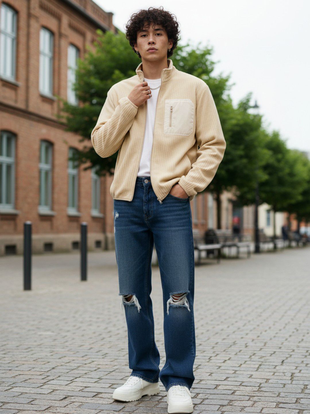 glitchez Self Striped Mock Collar Tailored Jacket With Oversized Pocket