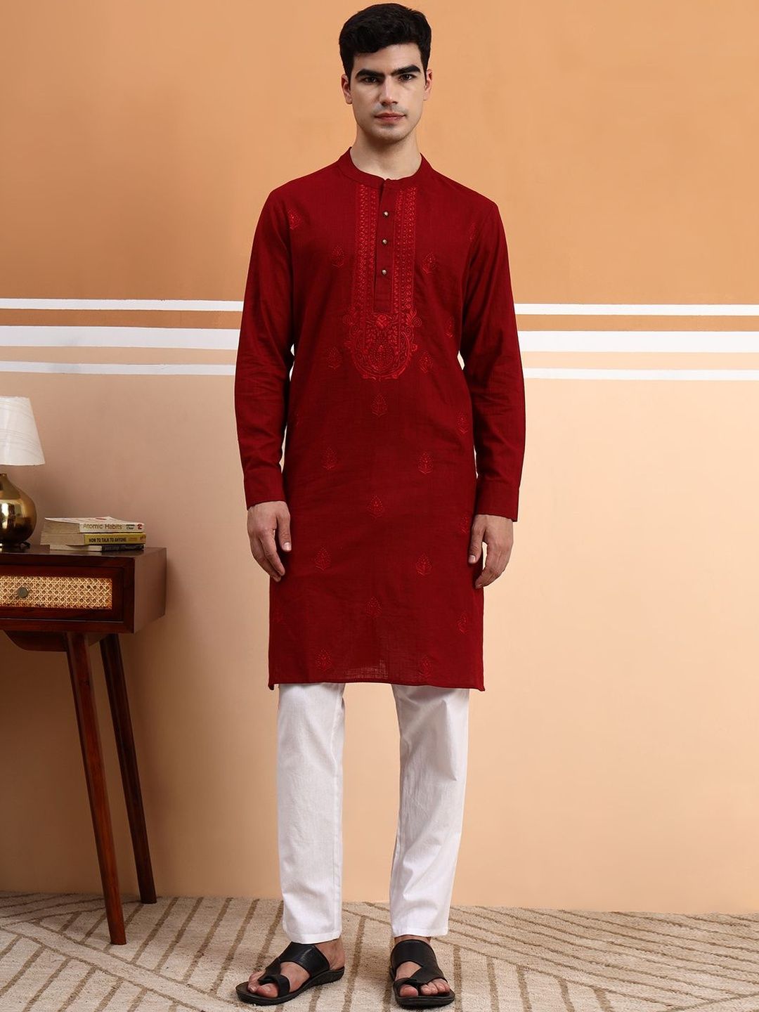 House of Pataudi Embroidered Pure Cotton Straight Kurta