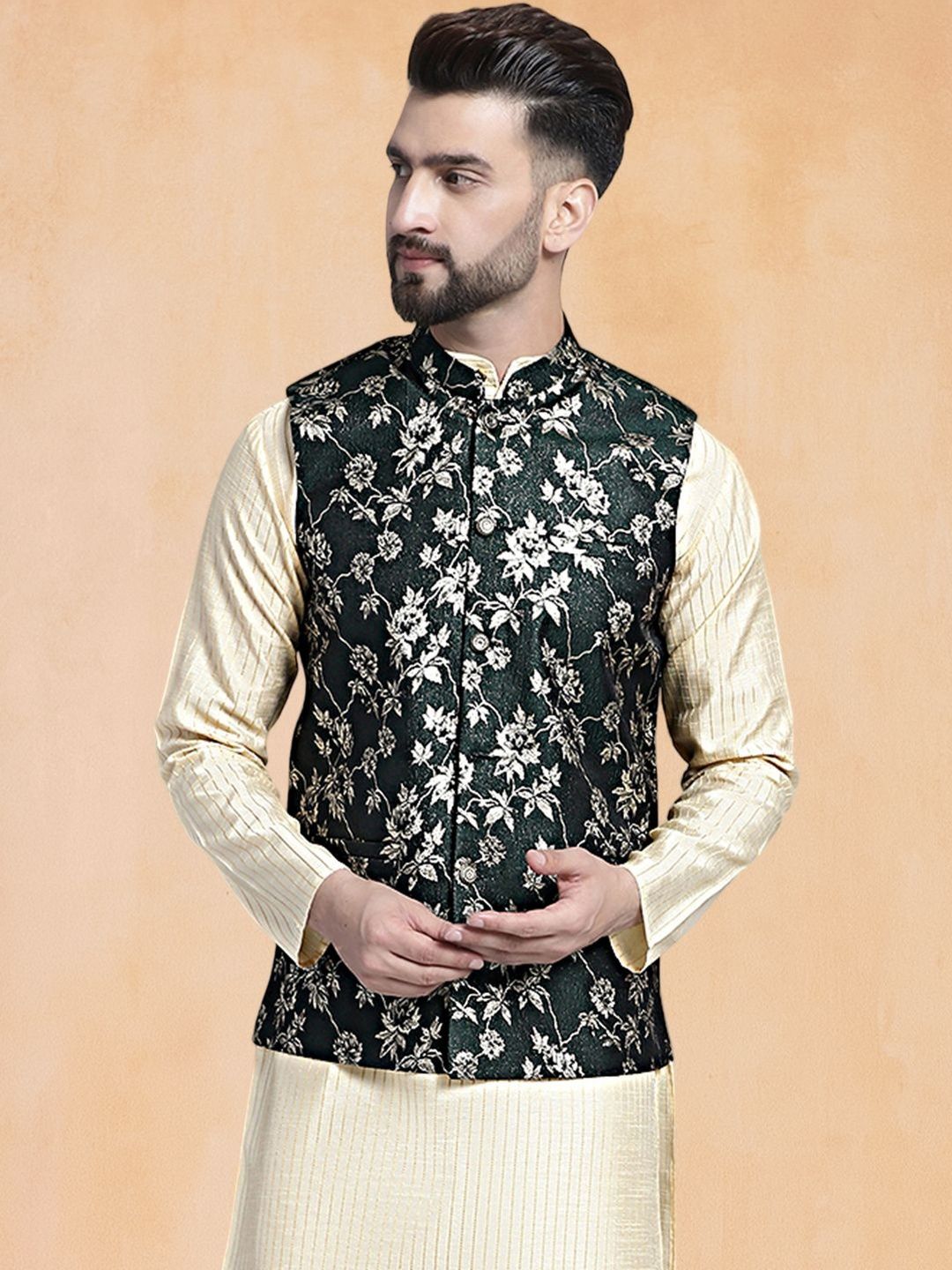 Jompers Men Woven Design Mandarin Collar Nehru Jacket