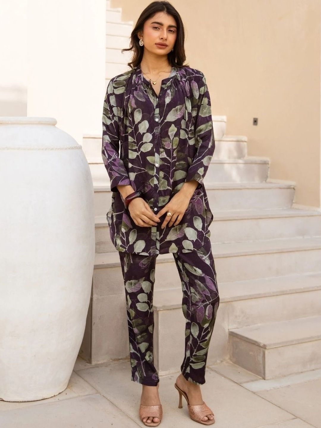HERE&NOW Floral Printed Mandarin Collar Tunic & Trousers