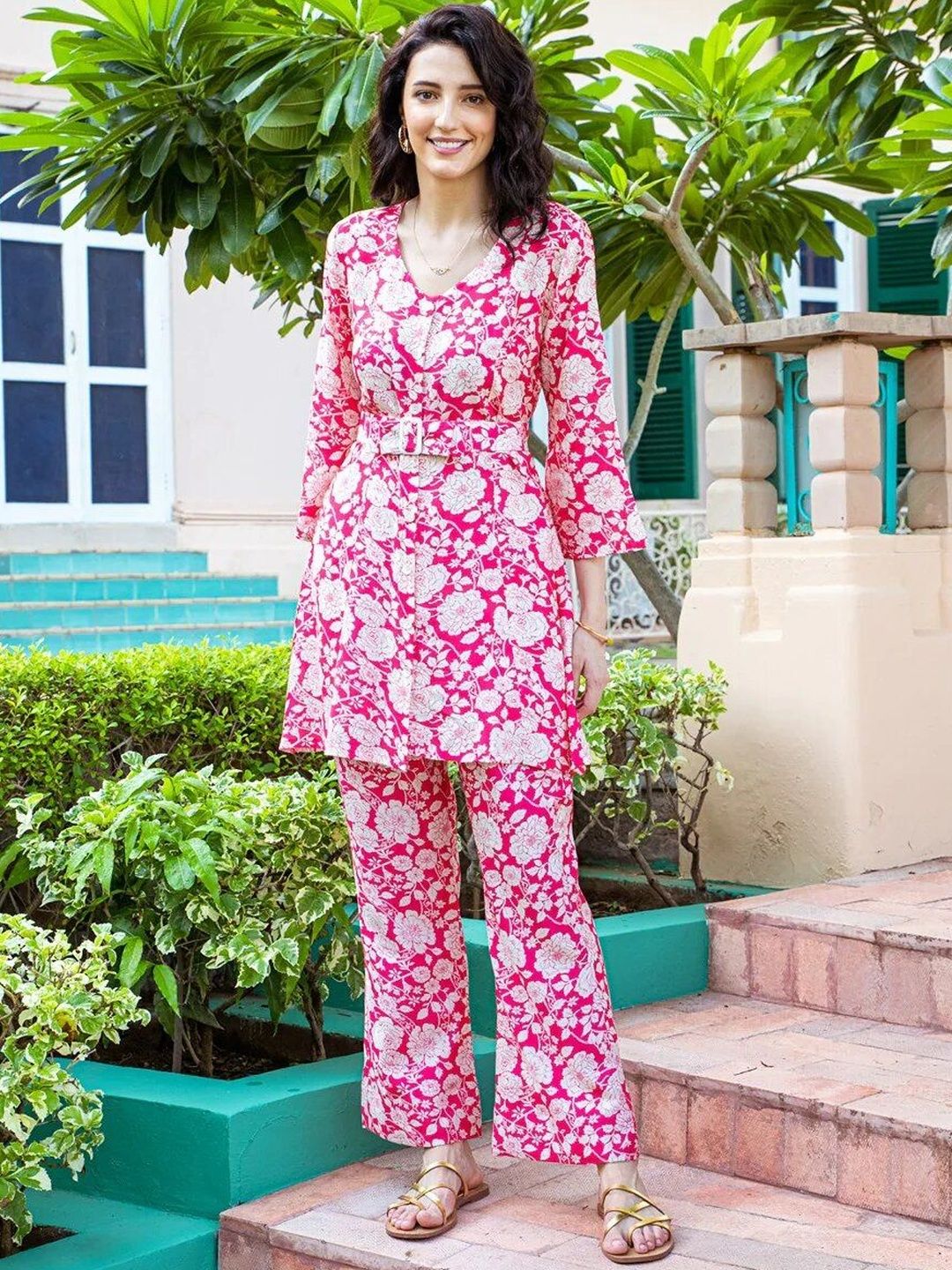 HERE&NOW Floral Printed V Neck Tunic & Trousers