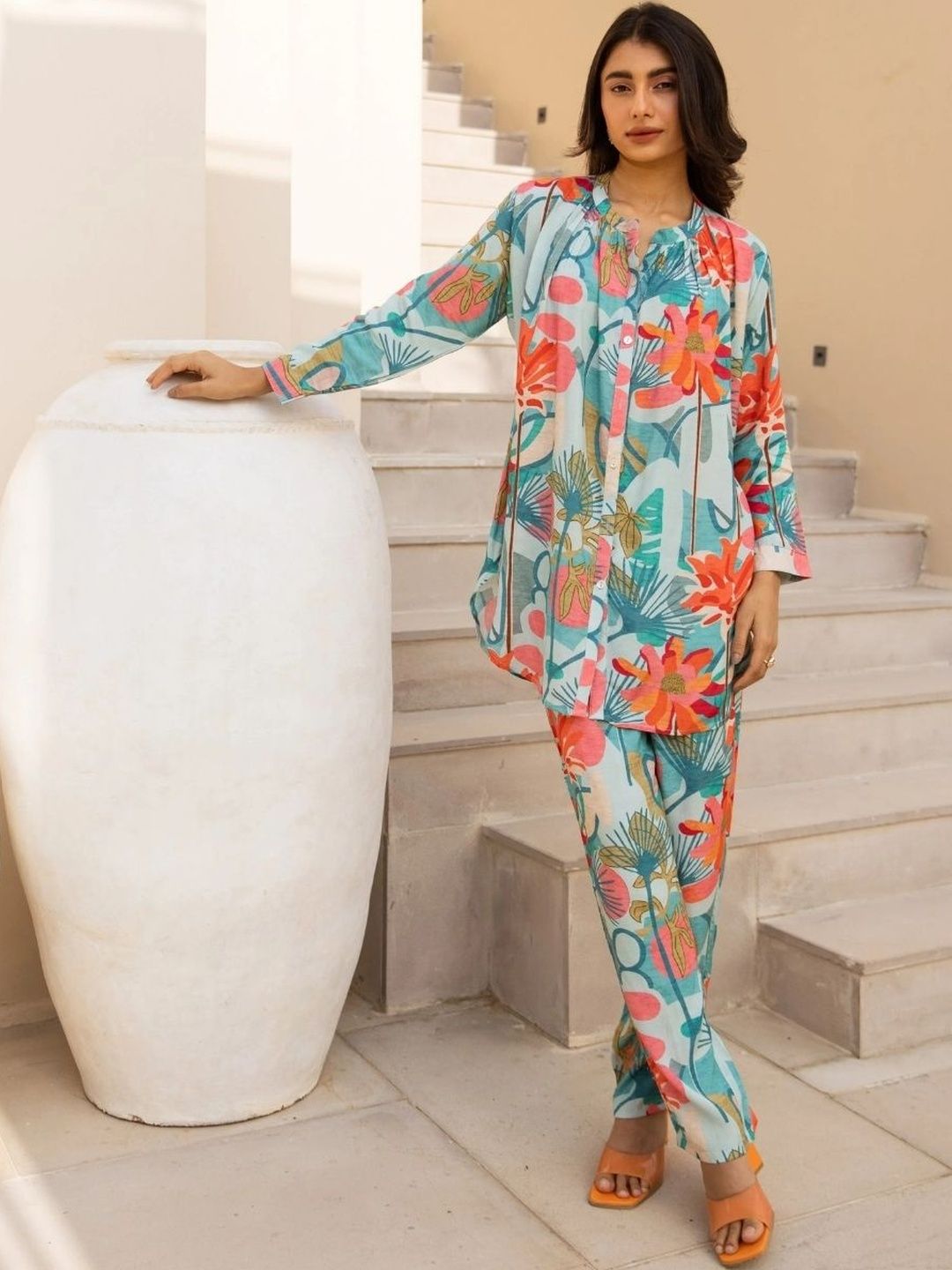 HERE&NOW Floral Printed Mandarin Collar Tunic & Trousers