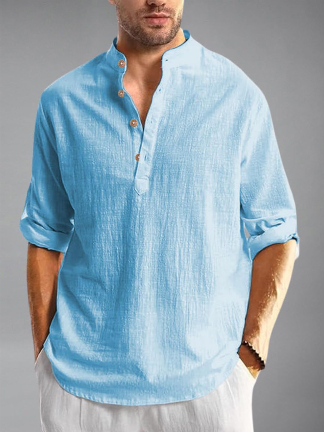 garbhodakshai Mandarin Collar Roll-Up Sleeves Cotton Straight Short Kurta