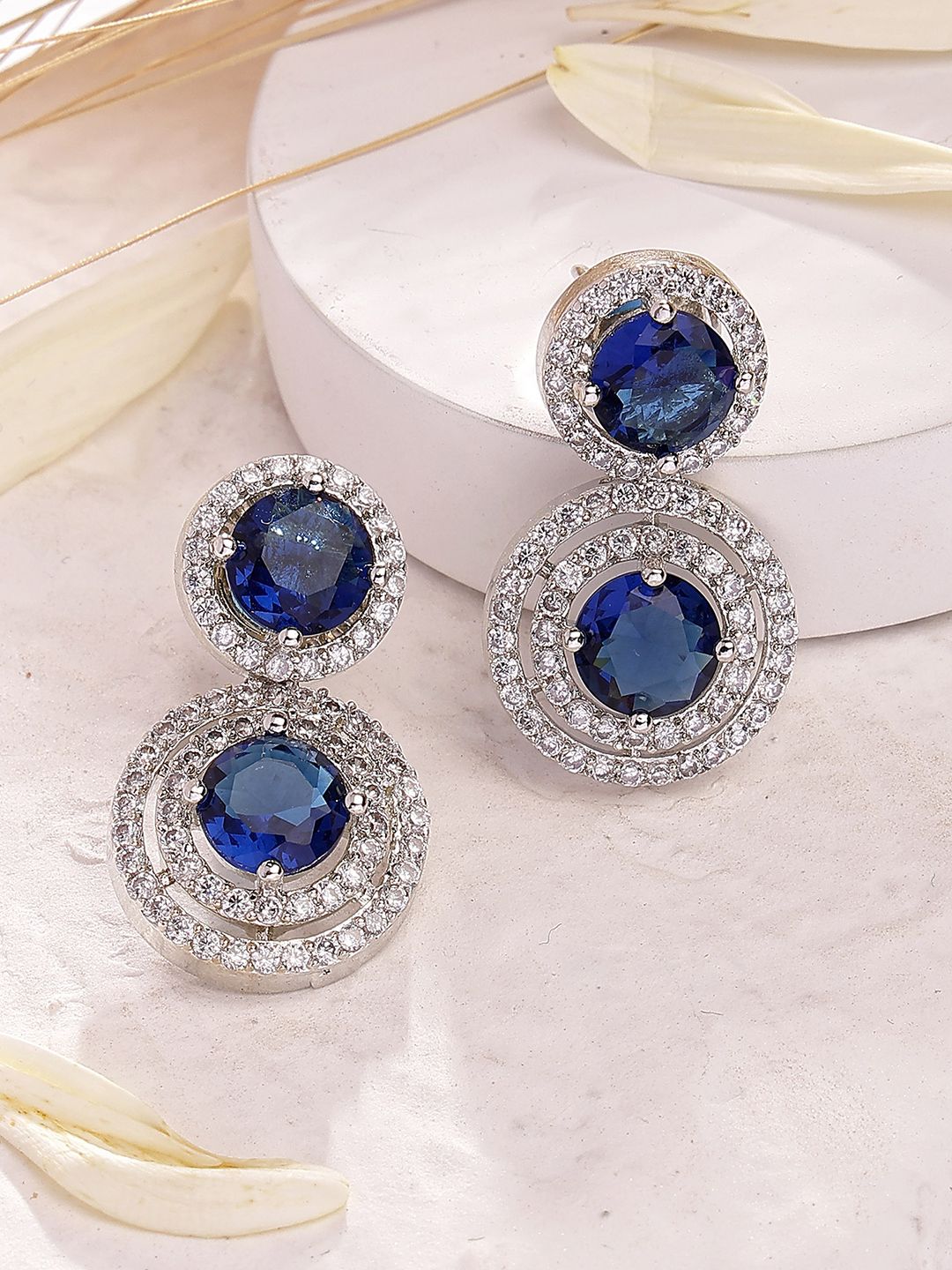 KARATCART Silver-Plated Circular American Diamond Drop Earrings