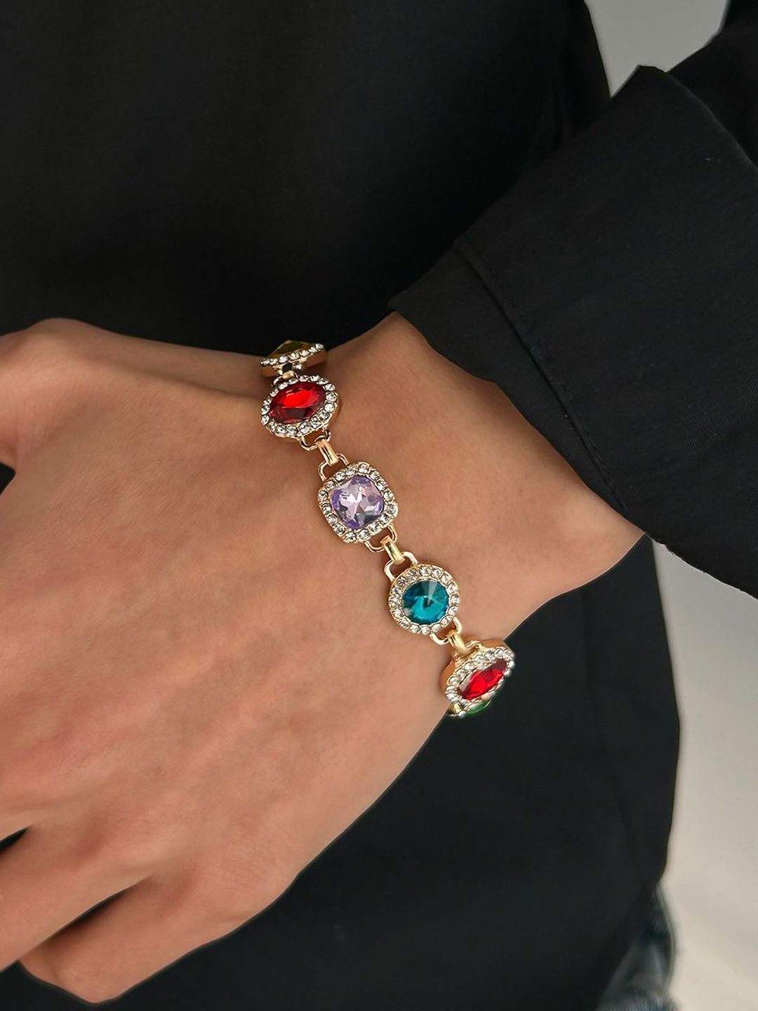 StyleCast x Revolte Men Gold-Plated Multicoloured Stone-Studded Link Bracelet