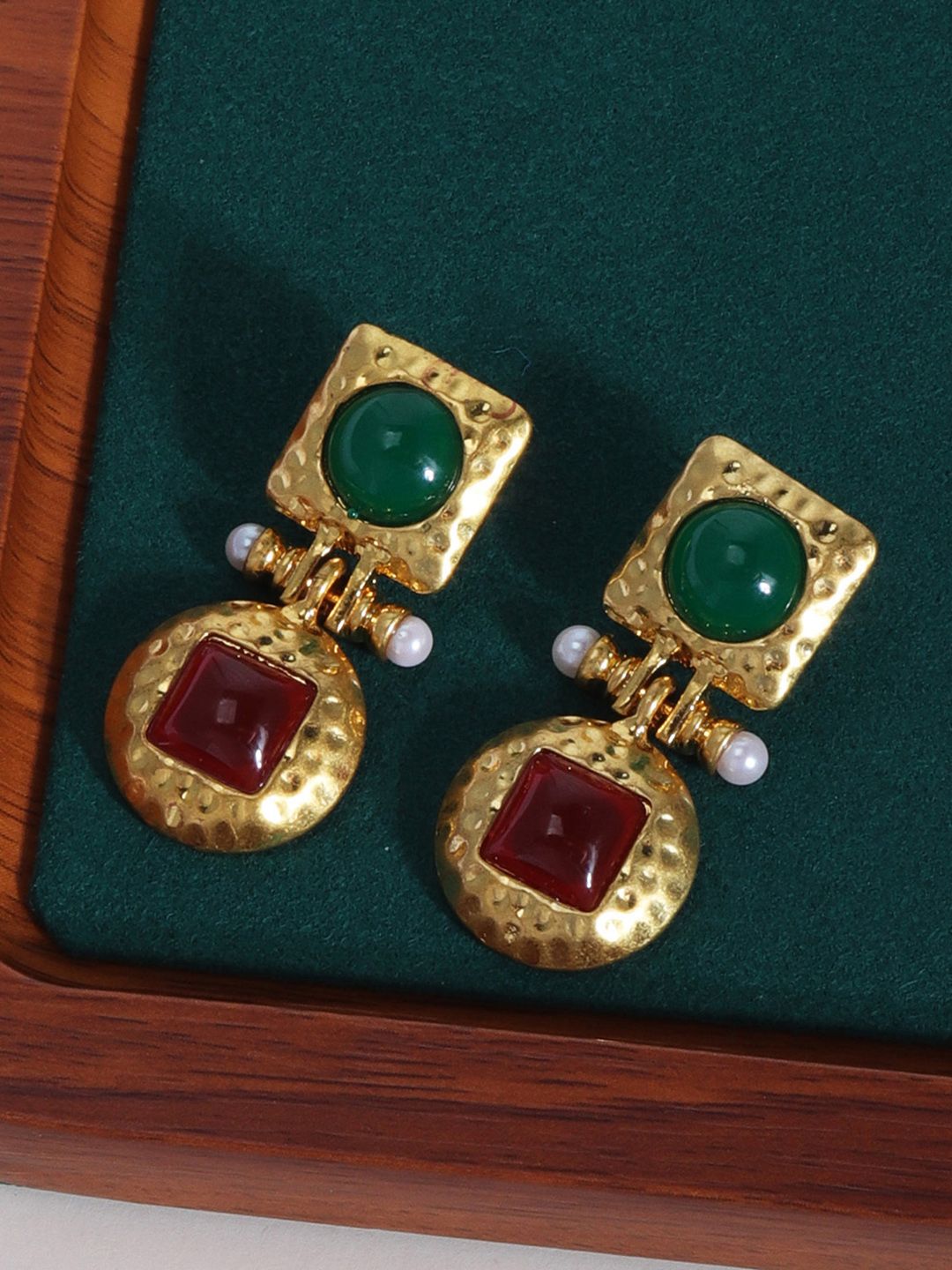 Just Lil Things Stone Studded & Pearls Geometric Drop Earrings