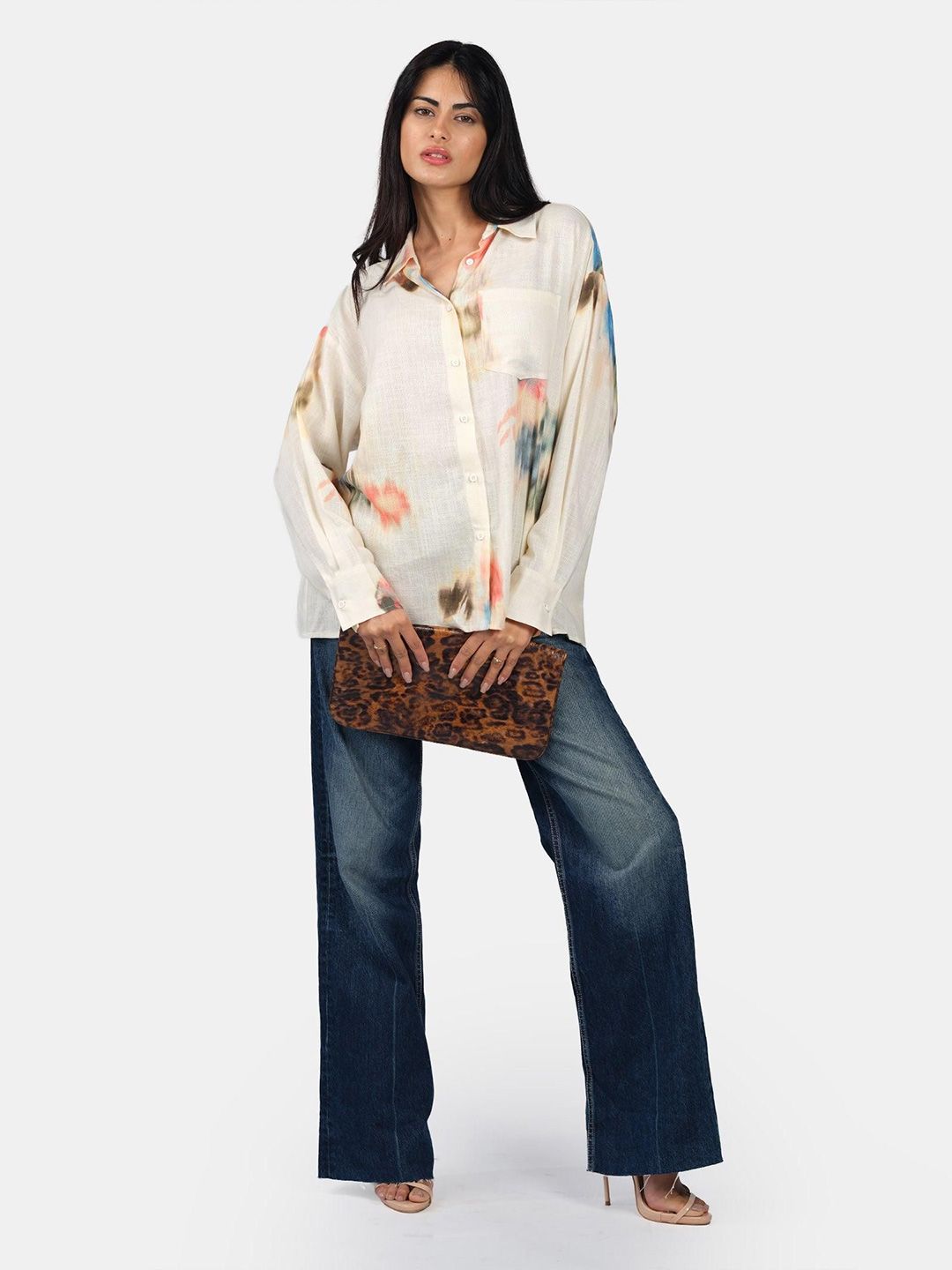Casual Shirt Virgio Women Printed Linen Long Sleeves Button Down Oversized Collar Shirt
