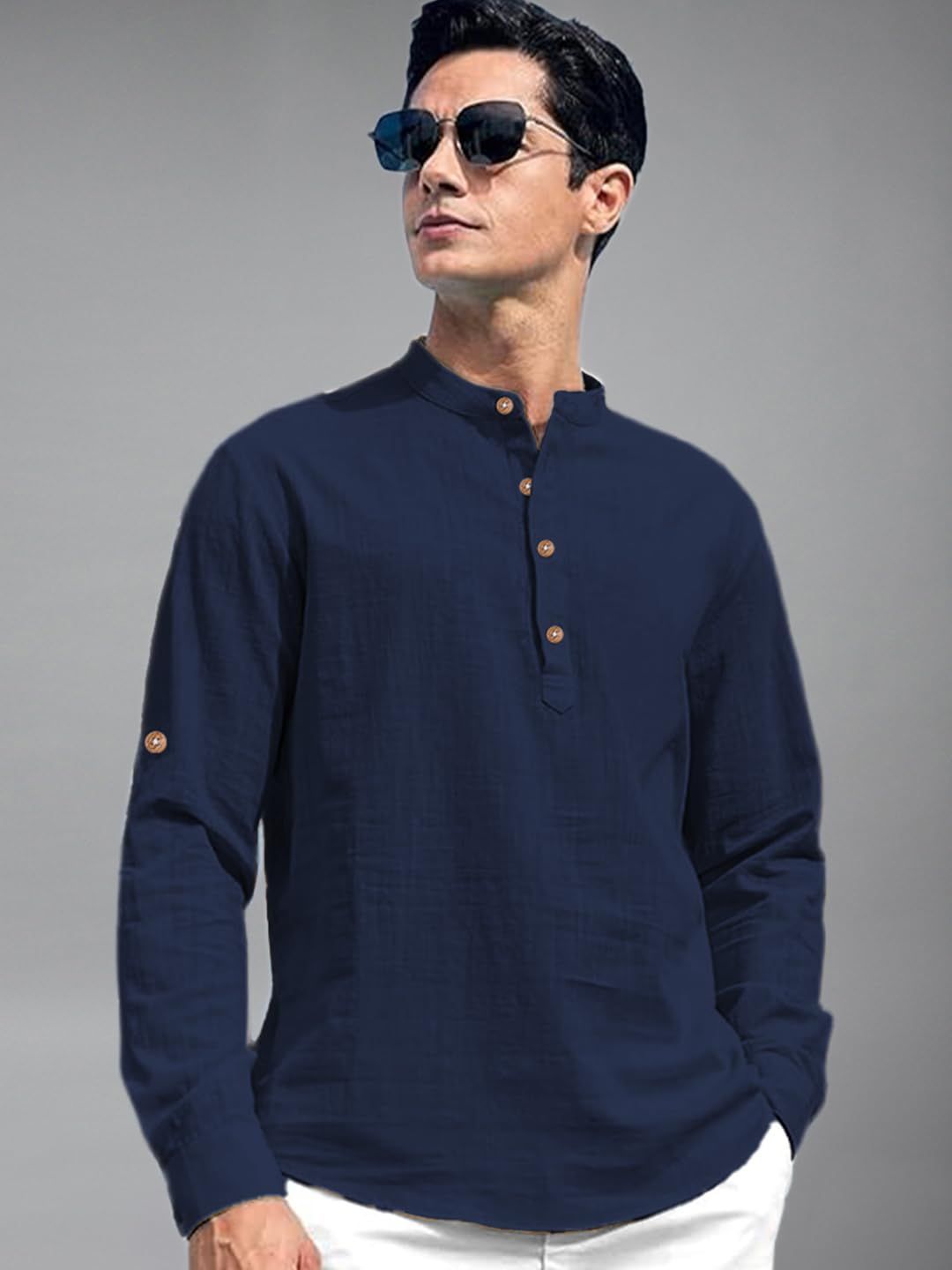 RawCraft Band Collar Roll-Up Sleeves Cotton Straight Kurta