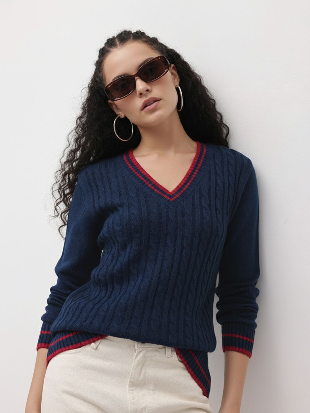 The Roadster Life Co. Contrast Striped Pure Acrylic Cable Knit Pullover