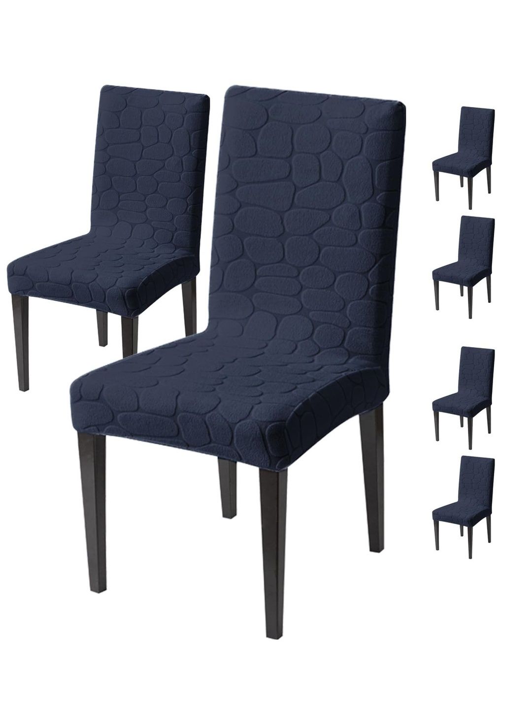 HOUSE OF QUIRK Navy Blue 6 Pieces Textured Jacquard 220 GSM Stretchable Chair Covers