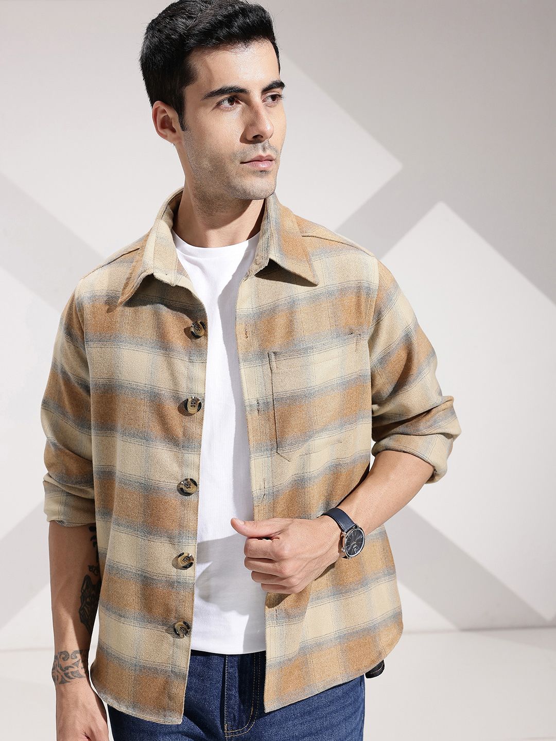 INVICTUS INVICTUS Checked Spread Collar Shacket