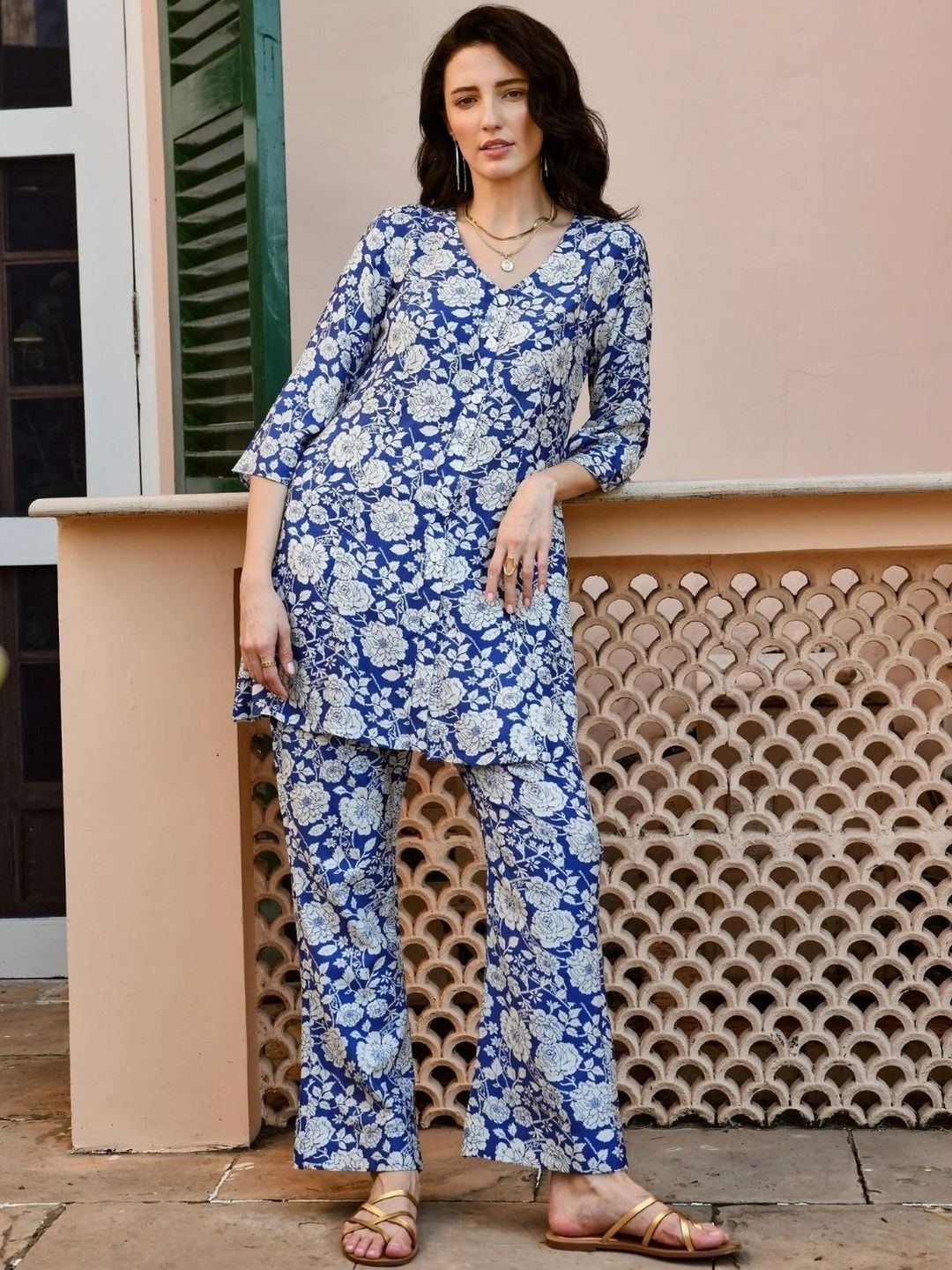 HERE&NOW Floral Printed V Neck Tunic & Trousers