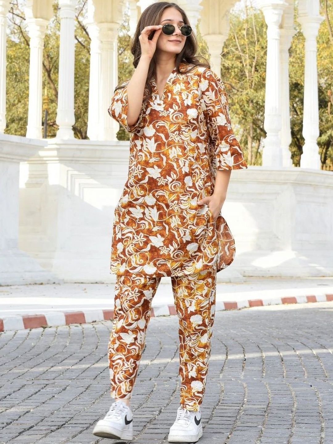 HERE&NOW Floral Printed Mandarin Collar Tunic & Trousers