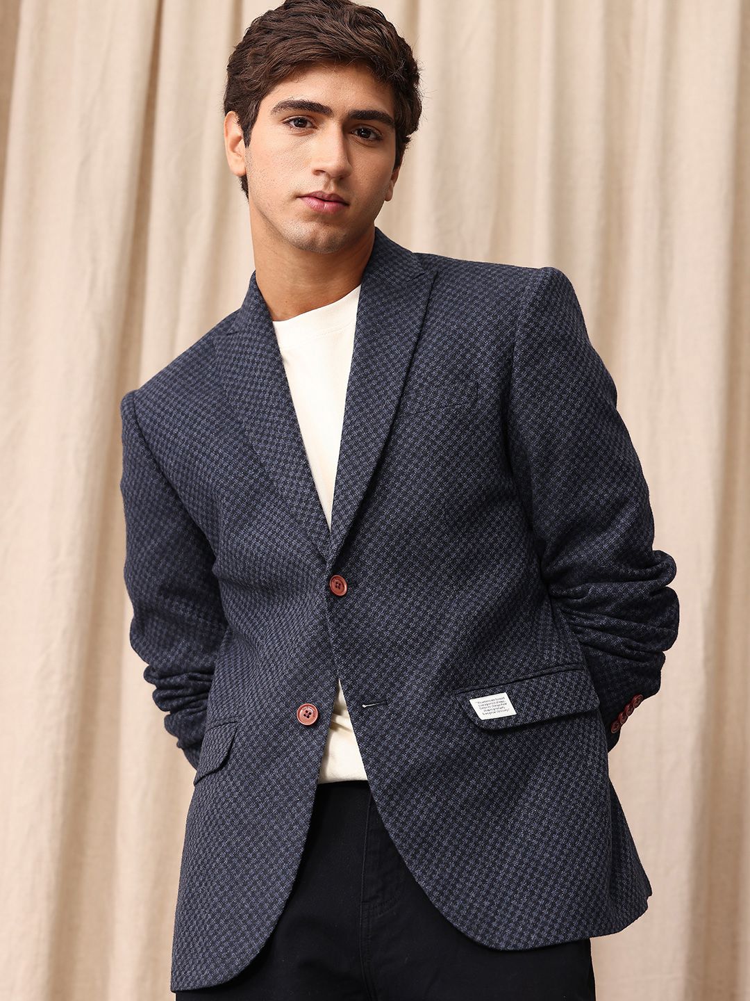 Mr Bowerbird Checked Tailored Fit Notched Lapel Collar Single Breasted Blazer