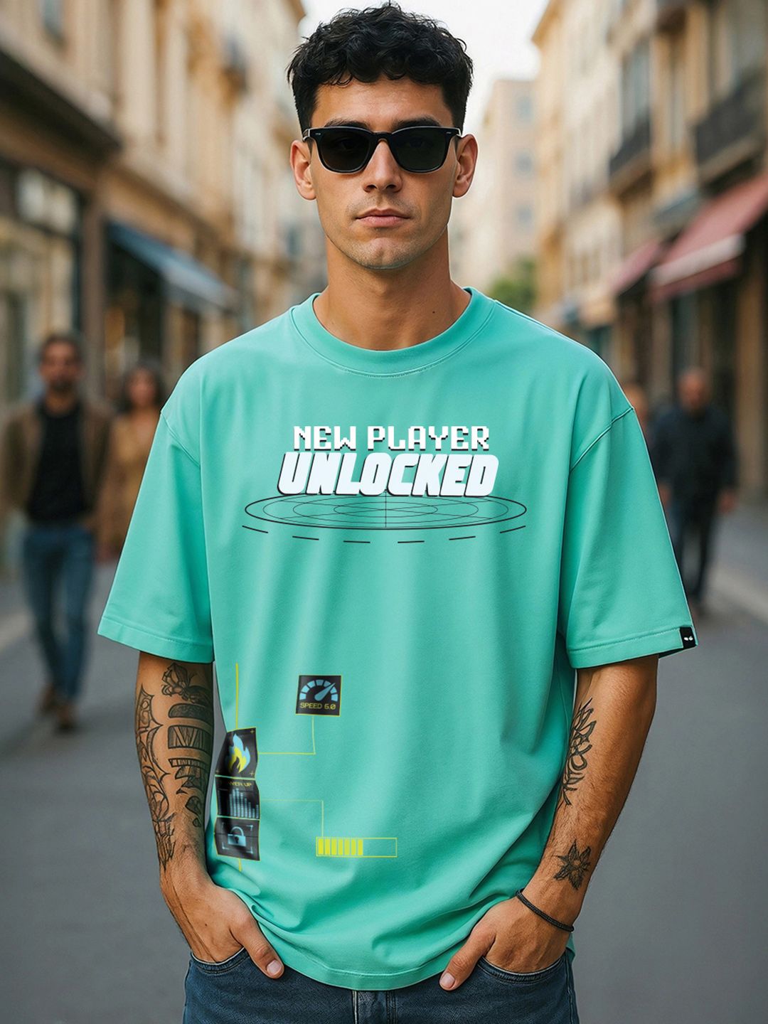 Bewakoof Heavy Duty Men Pool Blue New Player Graphic Printed Oversized T-shirt