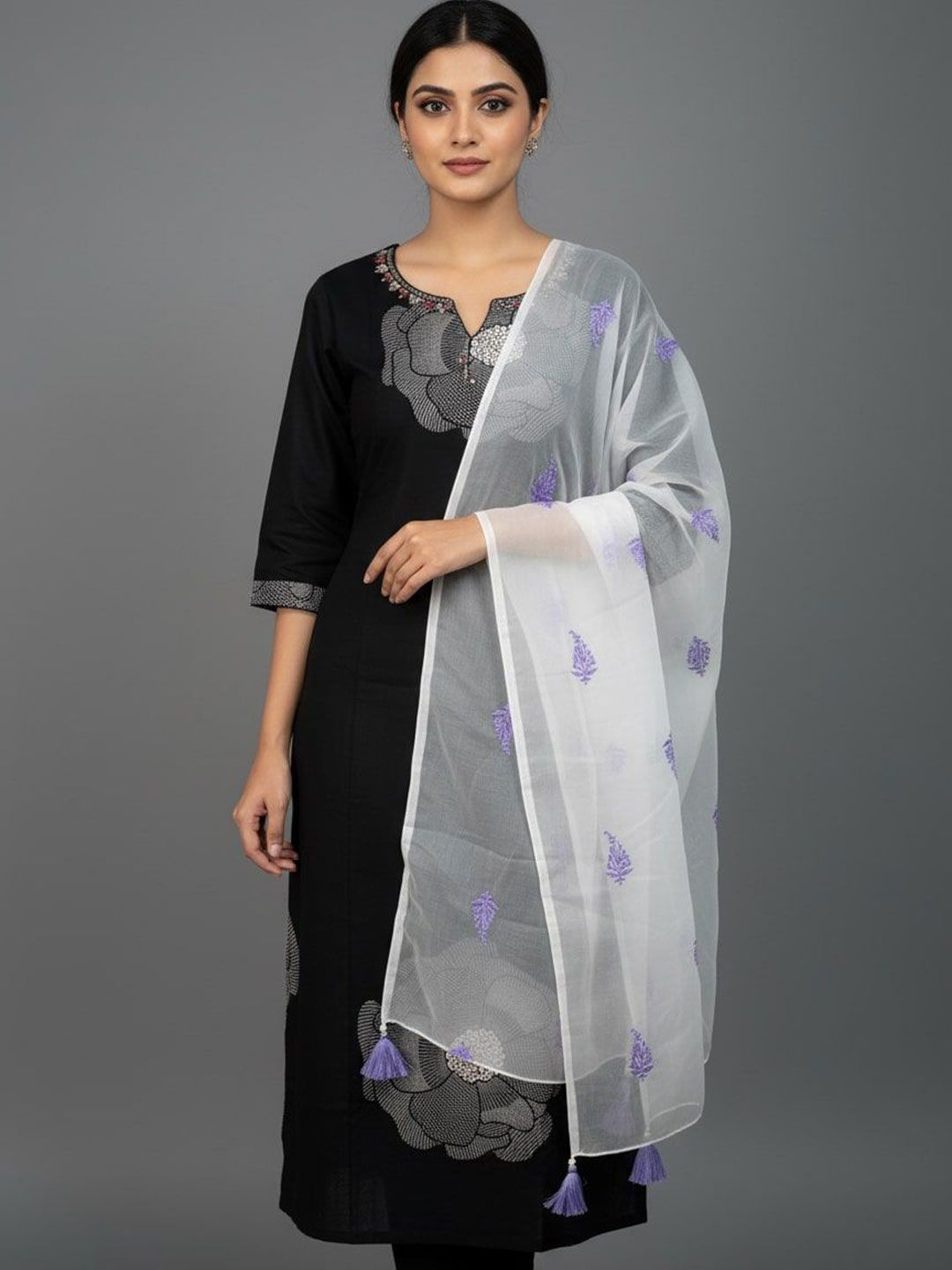 Sangria Sangria Ethnic Motifs Embroidered Dupatta with Tasselled Border