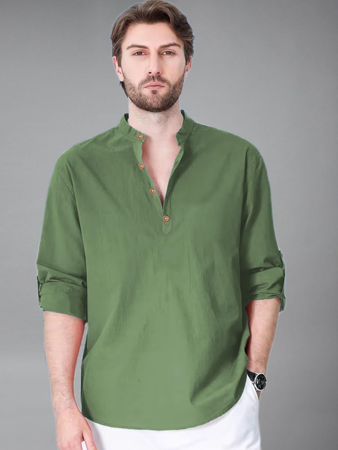 VIBEPRINT Band Collar Roll-Up Sleeves Cotton Straight Short Kurta