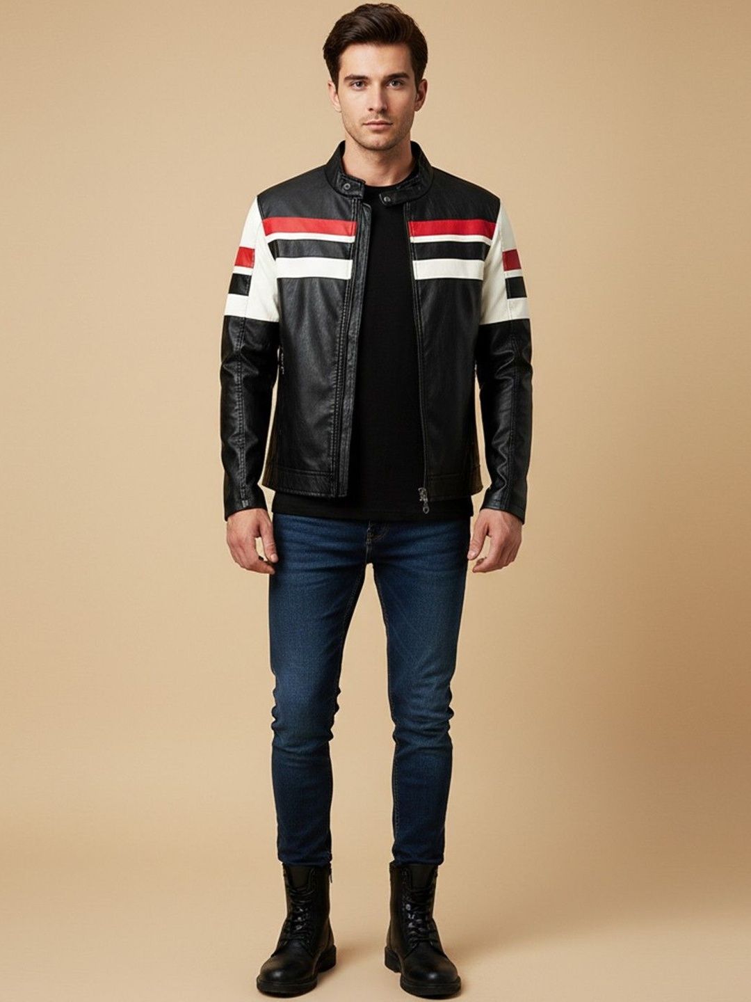 Mast & Harbour Men Striped Leather Tailored Jacket