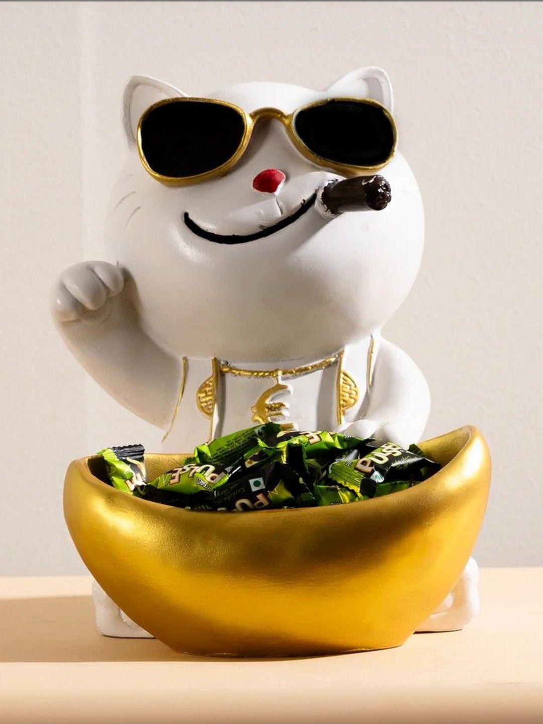 THREADVIBE LIVING White & Black Resin Metallic Decorative Cat Smoking Showpiece-10