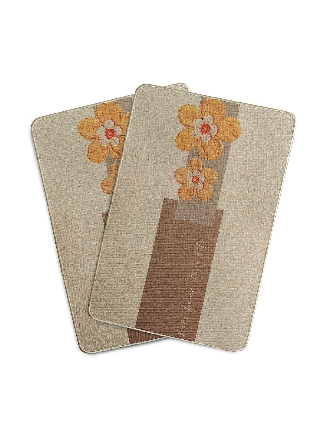 Yellow Weaves Beige & Yellow 2 Pcs Printed Anti-Slip Super-Absorbent 300-GSM Bath Rugs
