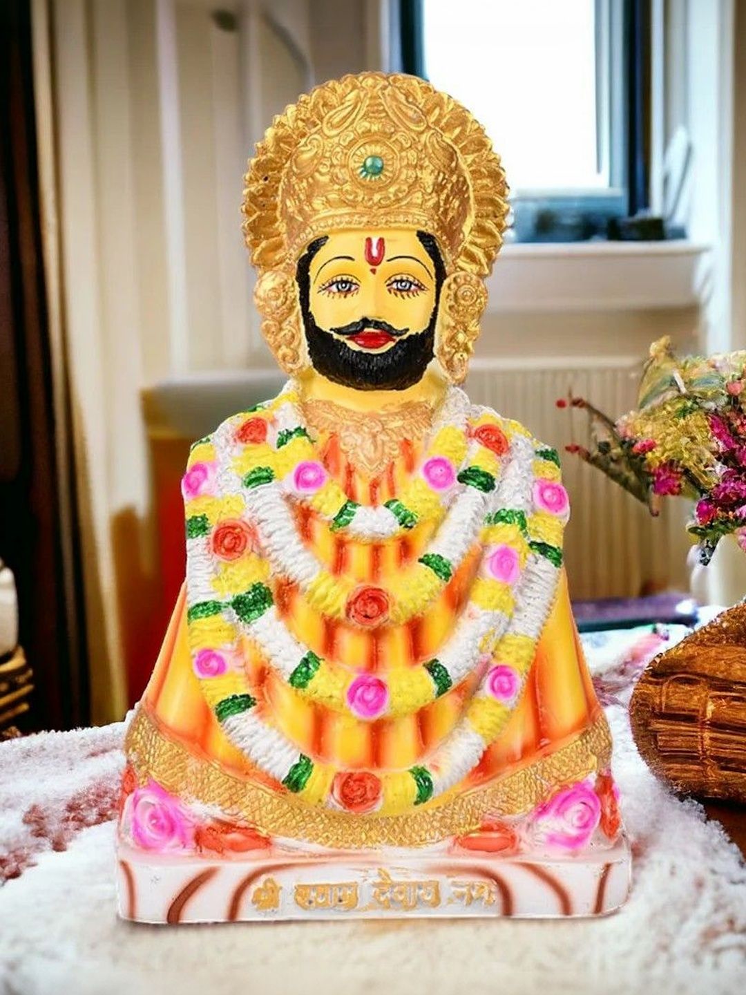 THREADVIBE LIVING Yellow Marble Glossy Khatu Shyam Murti Religious Idol Showpiece-11