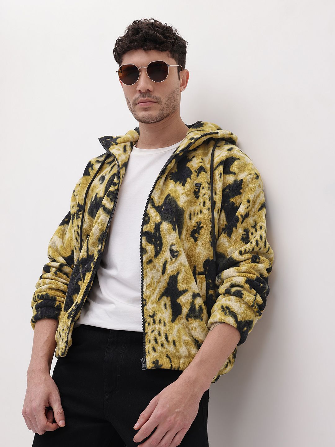The Roadster Life Co. Abstract Self Design Hooded Faux Fur Trim Bomber Jacket