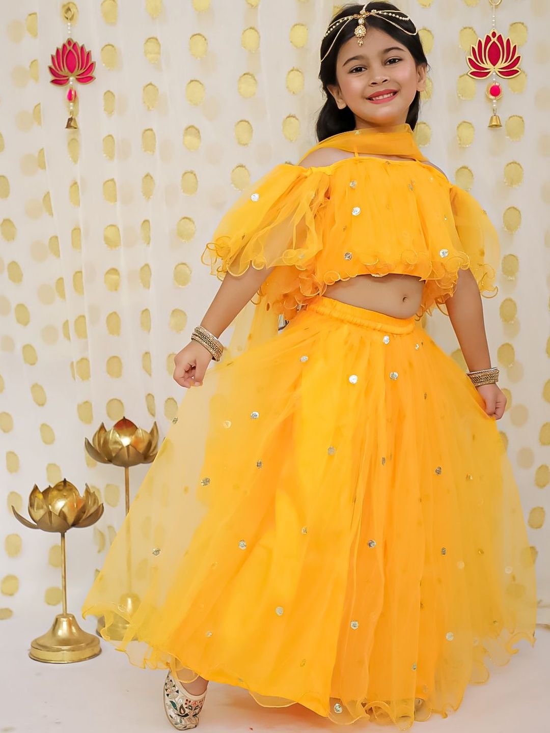 BownBee Girls Embroidered Mirror Work Ready to Wear Lehenga & Blouse With Dupatta