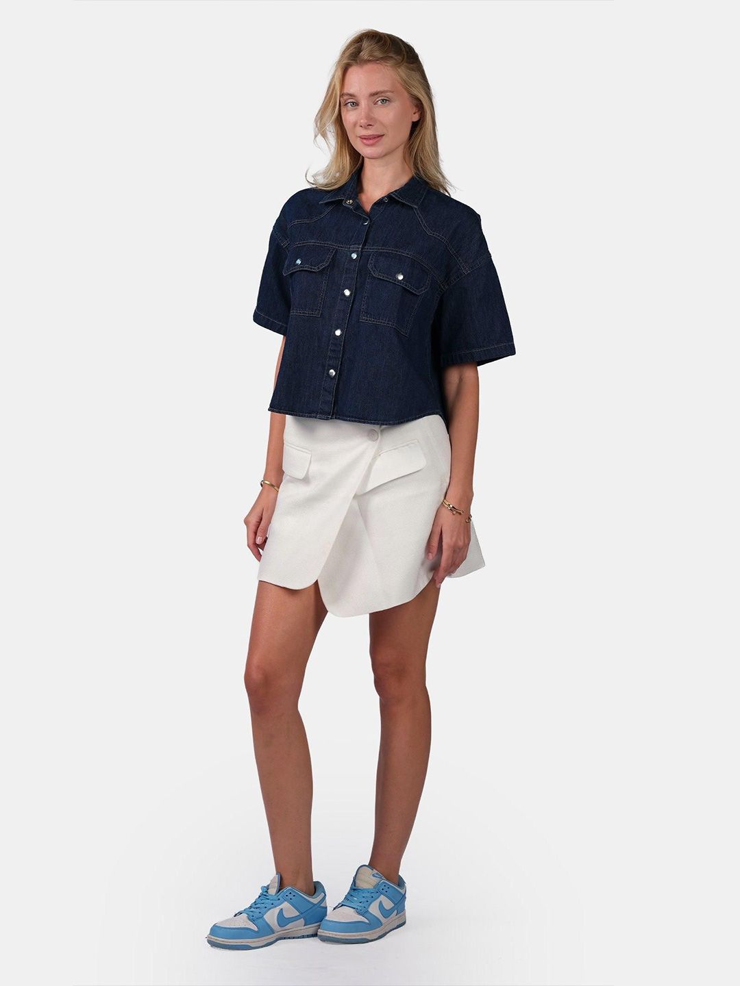 Boxy Casual Shirt Virgio Women Solid Cotton Denim Short Sleeves Spread Collar Shirt