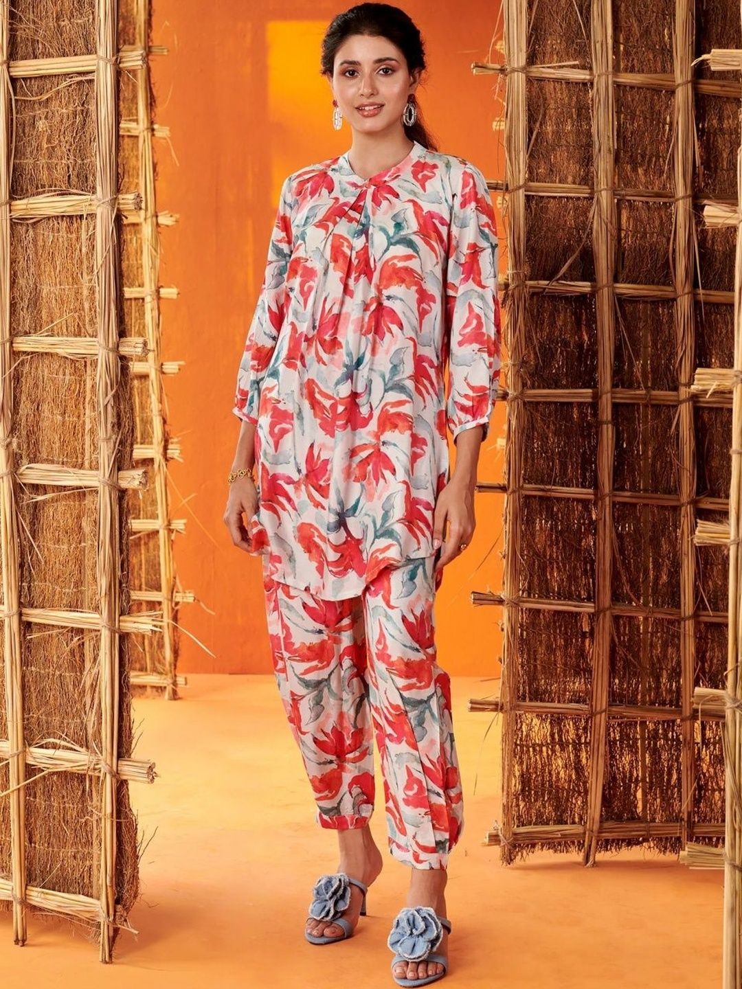 HERE&NOW Floral Printed Mandarin Collar Tunic & Harem Pants