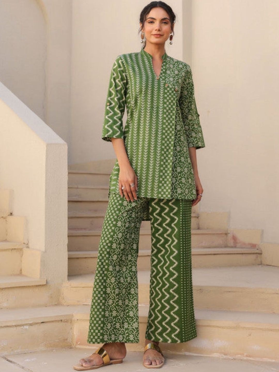 HERE&NOW Floral Printed Mandarin Collar Tunic & Trousers