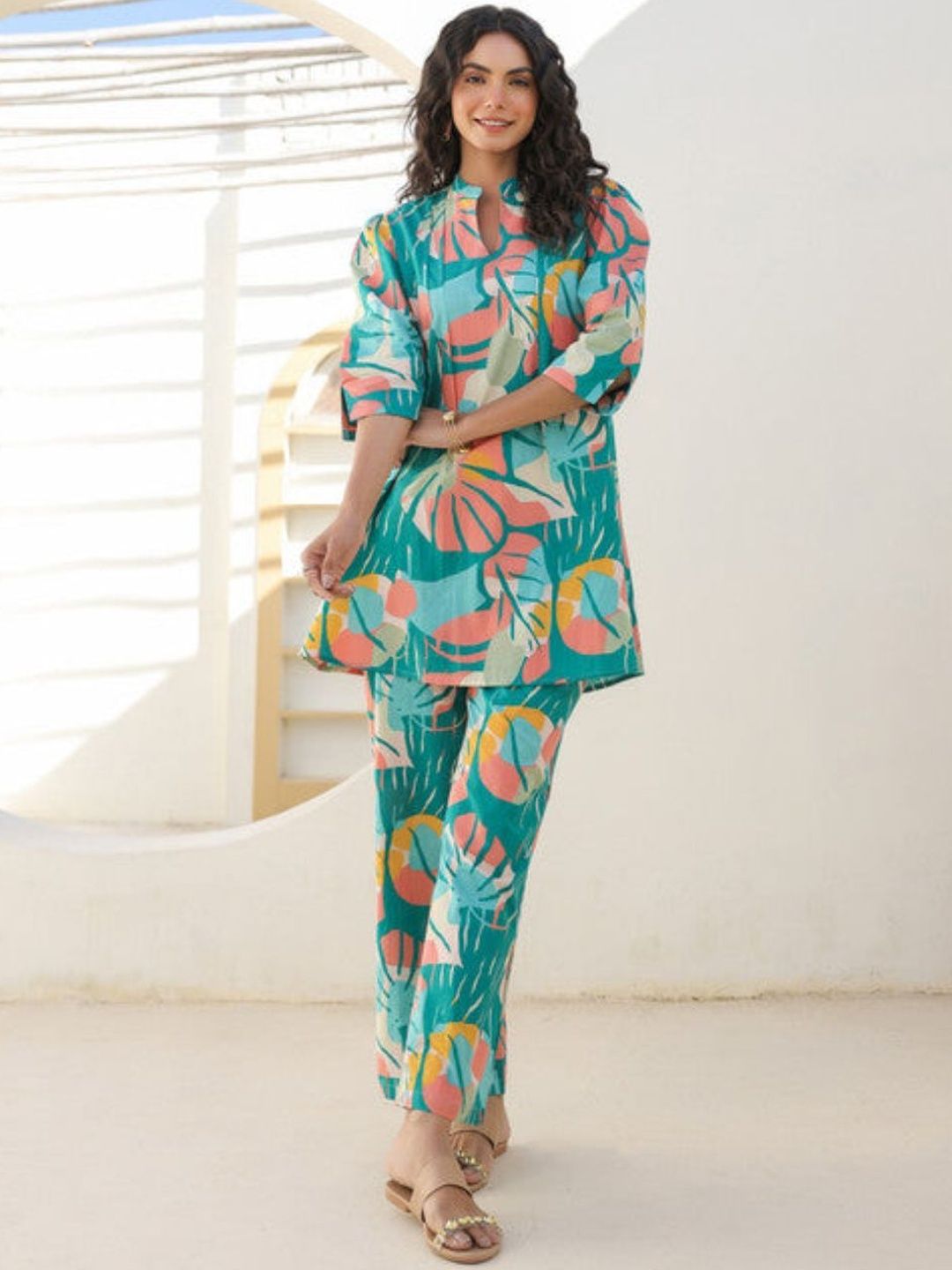 HERE&NOW Floral Printed Mandarin Collar Tunic & Trousers
