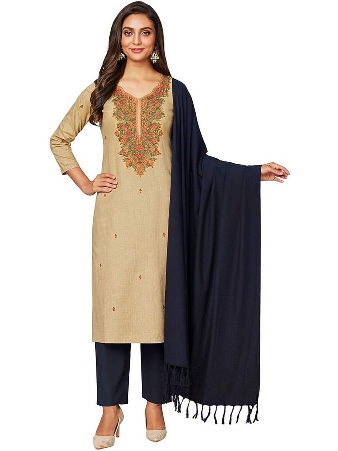 Vrinde Floral Embroidered Thread Work Pashmina Unstitched Dress Material