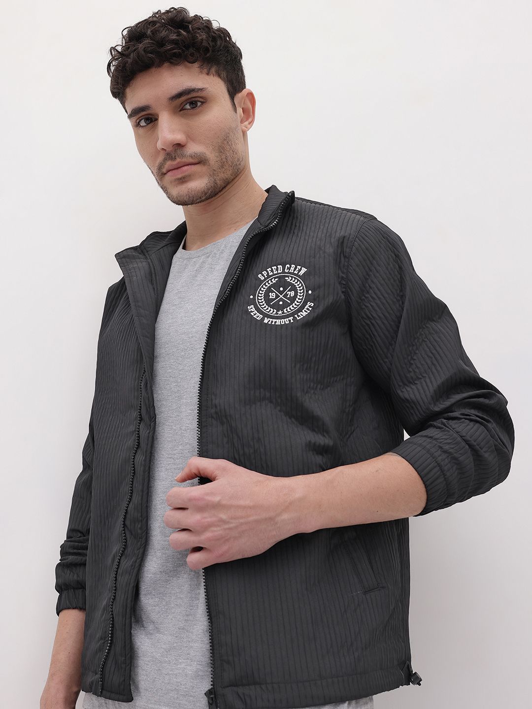 The Roadster Life Co. Self Striped Applique Mock Collar Tailored Jacket