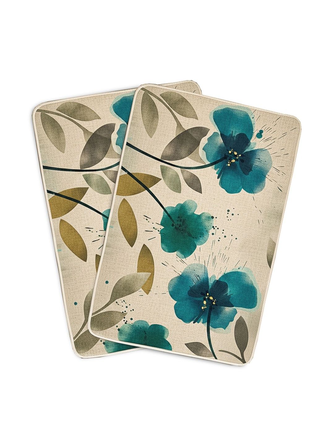 Yellow Weaves Beige & Teal-Blue 2 Pcs Printed Anti-Slip Super-Absorbent 300-GSM Bath Rugs