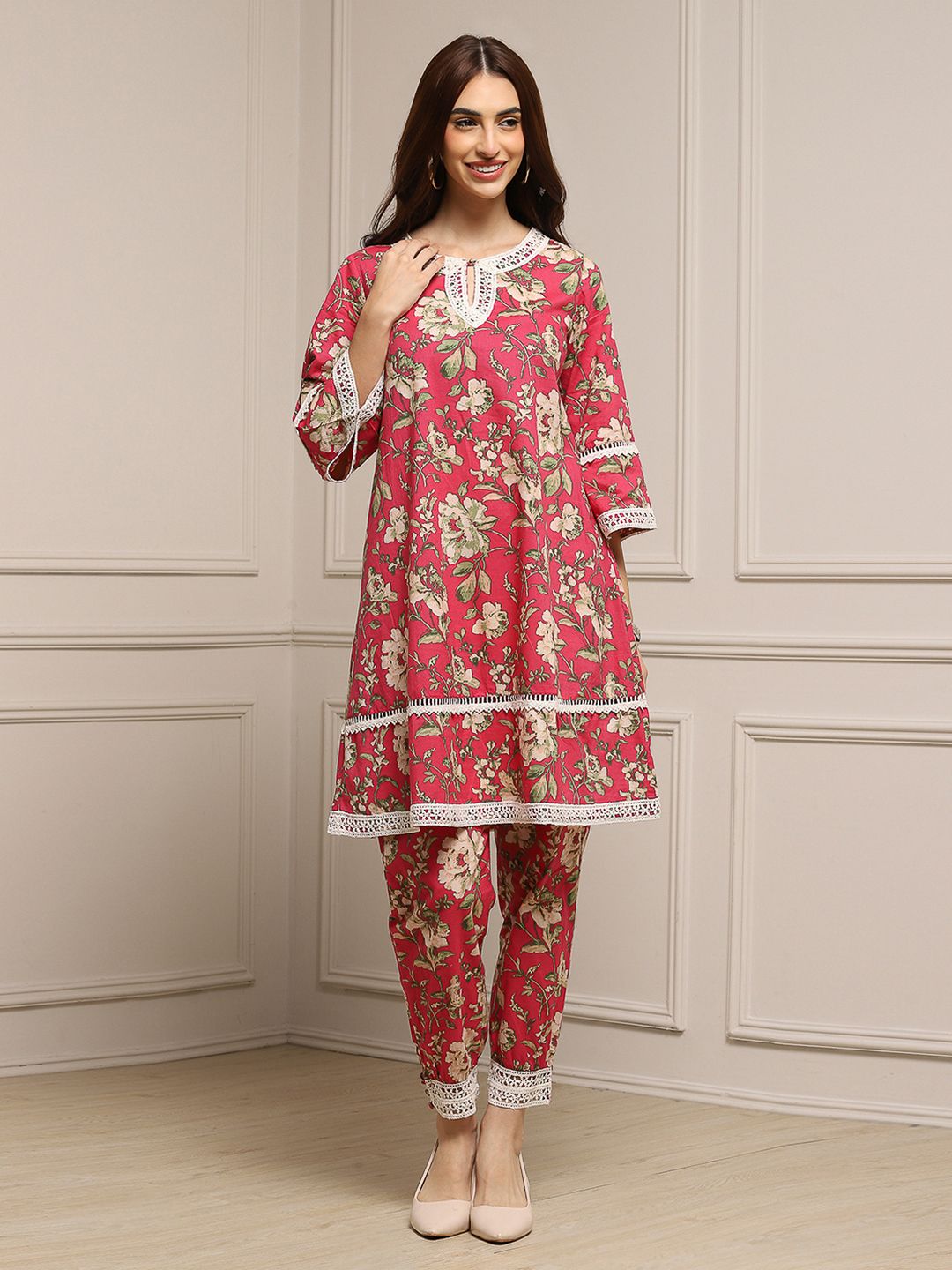 Biba Biba Women Floral Printed Regular Pure Cotton Kurta with Trousers