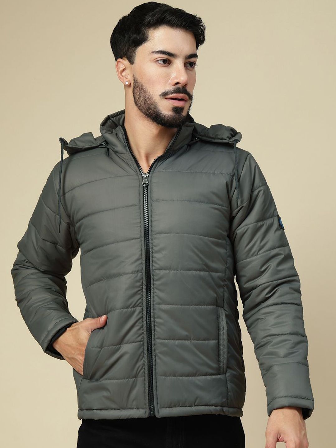 KLOTTHE Men Zip Detail Water Resistant Long Sleeve Hooded Quilted Jacket