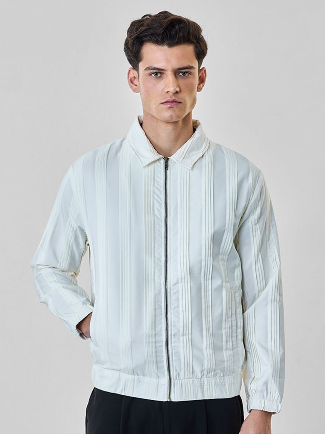 Snitch Men Spread Collar Striped Bomber Jacket