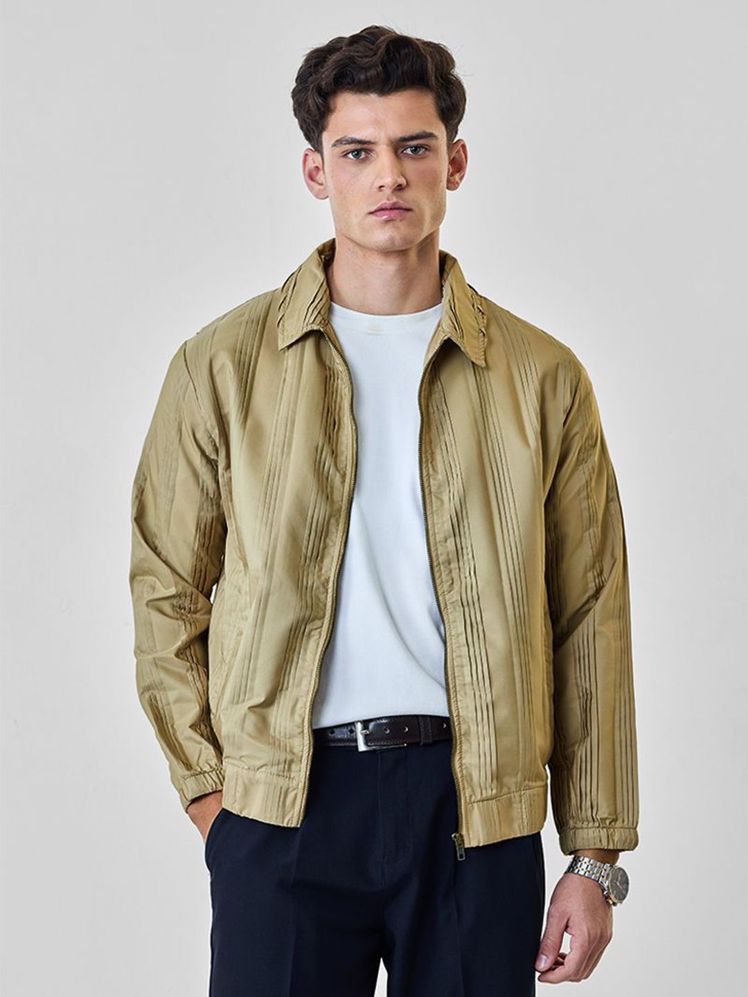 Snitch Men Spread Collar Striped Bomber Jacket